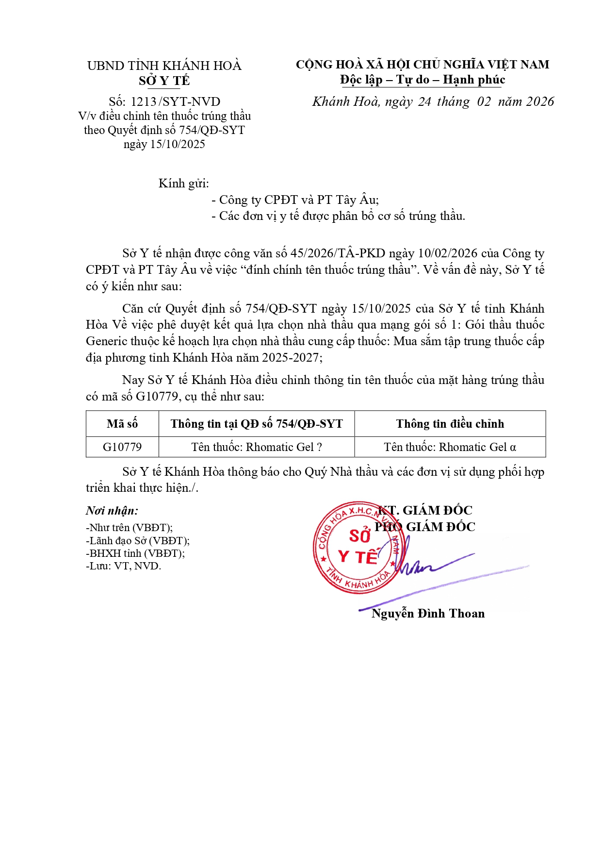 V/v điều chỉnh tên thuốc trúng thầu theo Quyết định số 754/QĐ-SYT ngày 15/10/2025